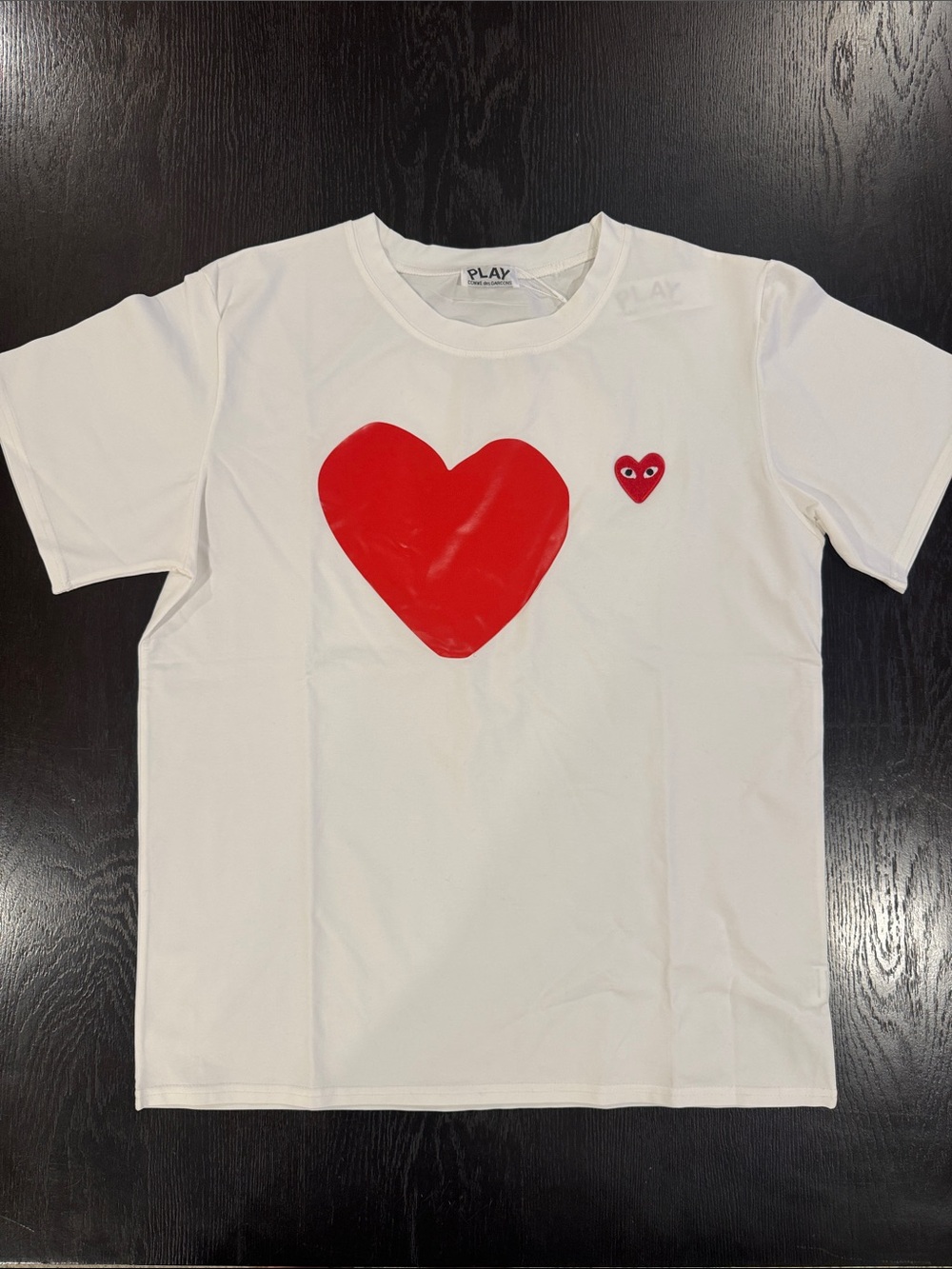 PLAY Comme des Garcons White Tee with Red Heart Graphics